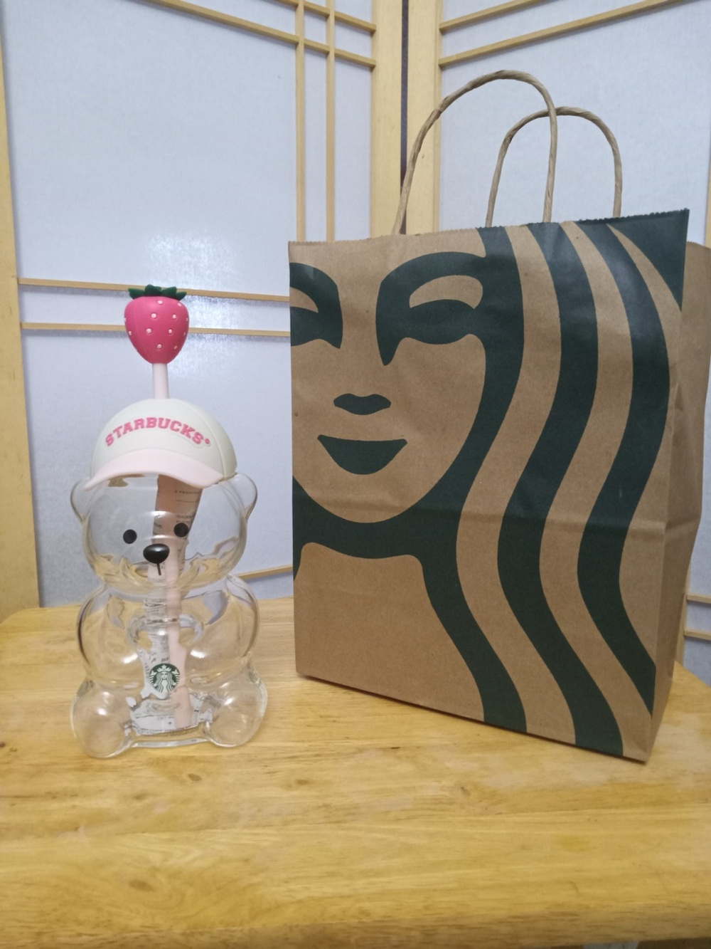 Starbucks Clear Bear Tumbler with Pink Strawberry Straw and White Cap
